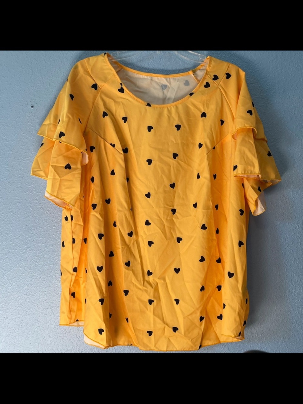 SHEIN Yellow Heart Print Flutter Sleeve Blouse